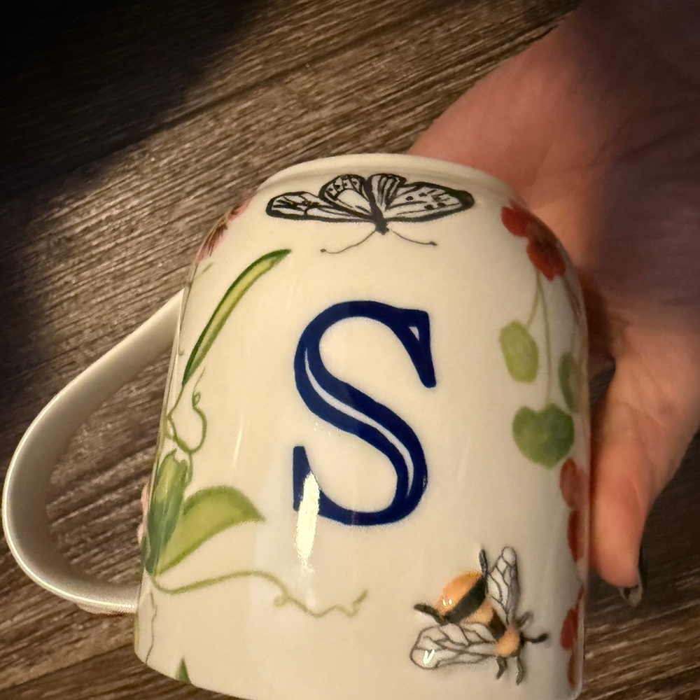 Anthropologie Cream and Blue Monogram Mug with Botanical Design
